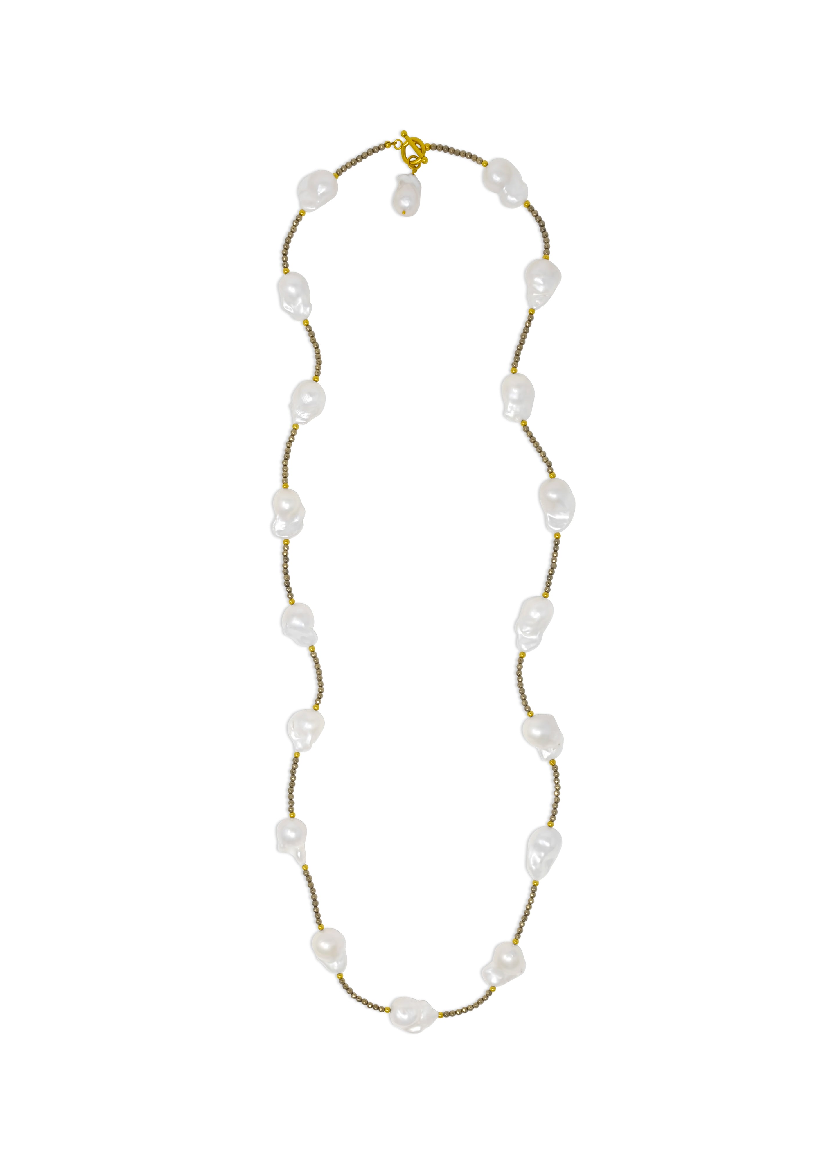 Long baroque pearl statement necklace with pyrite gemstones and gold-filled beads and a pendant clasp